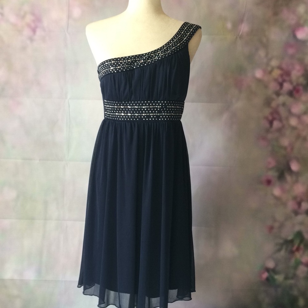 Elegant One Shoulder Navy Blue Beaded Dress